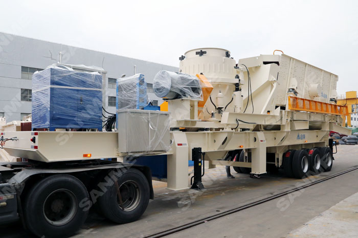 花崗巖河卵石破碎設(shè)備；輪胎式移動(dòng)破碎站